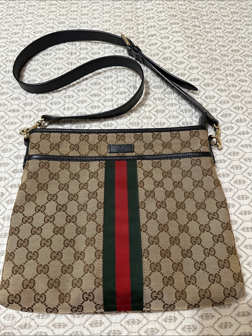 Gucci Brown GG Canvas Messenger with Green-Red Web Stripe